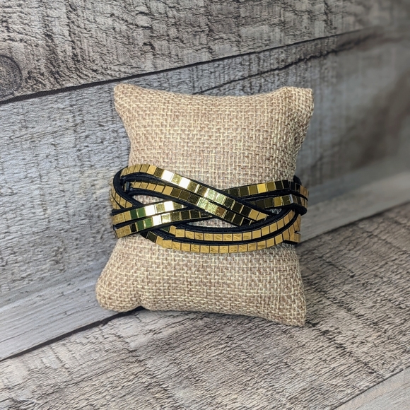 A12 Gold Disco Ball Wrap Bracelet Black Suede Metallic Crystal Rhinestone - Picture 7 of 12